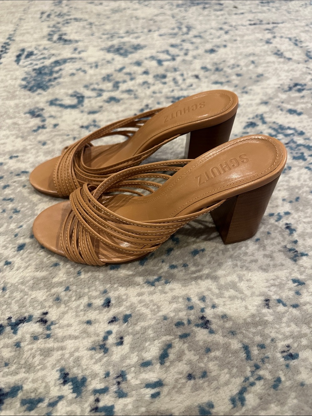 SCHUTZ Evangeline Atanado Leather Block Heel Sandal Honey Peach Tan size 6.5